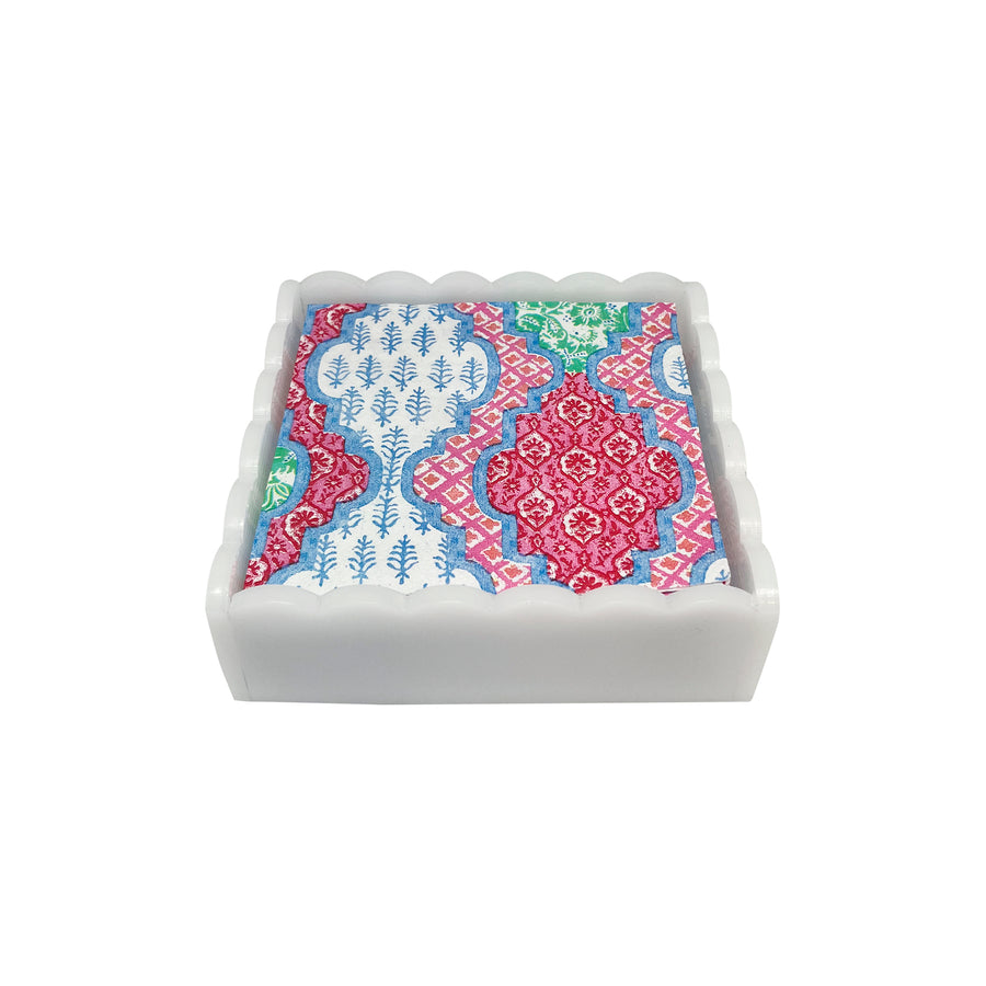 Provençal Cotton Pink White Scalloped Cocktail Napkin Box Set