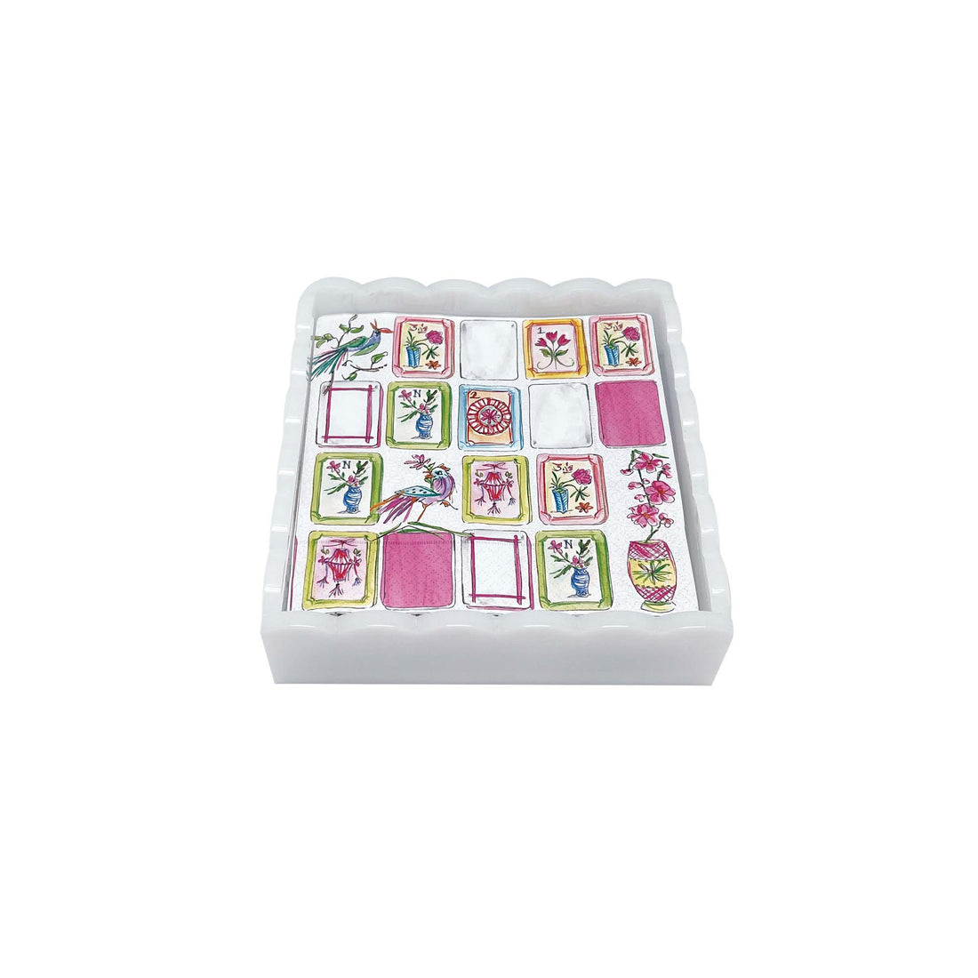 Mahjong White Scalloped Cocktail Napkin Box Set