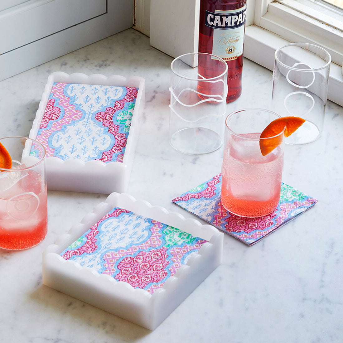 Provençal Cotton Pink White Scalloped Cocktail Napkin Box Set