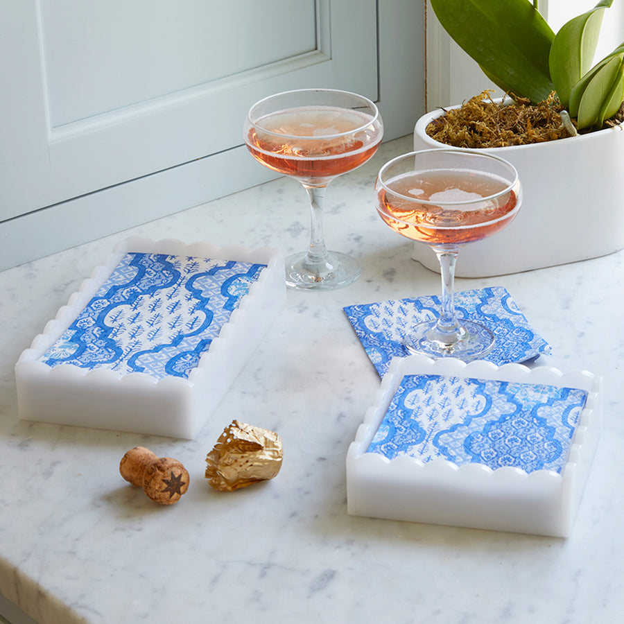 Provençal Cotton Blue White Scalloped Cocktail Napkin Box Set