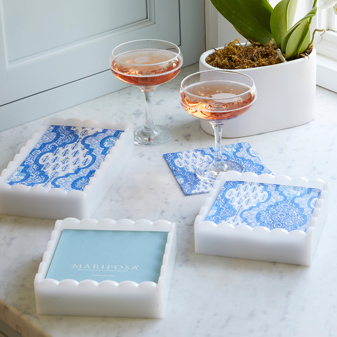 Provençal Cotton Blue White Scalloped Cocktail Napkin Box Set