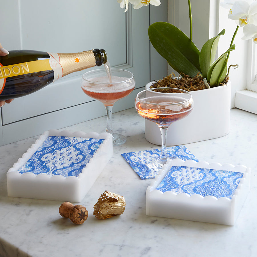Provençal Cotton Blue White Scalloped Cocktail Napkin Box Set
