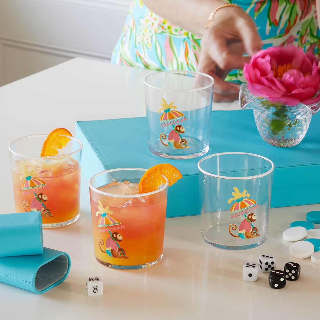 Monkeys and Parasols Suite of 4 Double Old Fashion Glasses