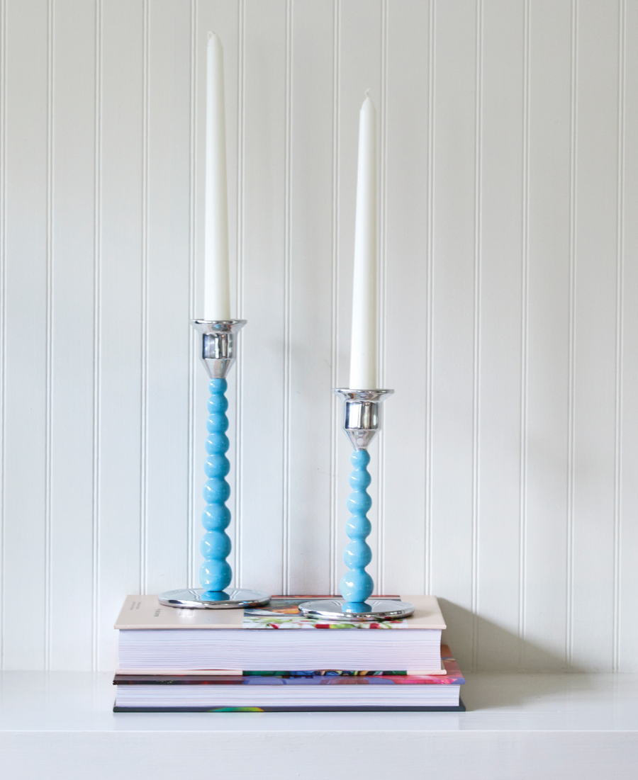 Aqua Pearled Medium Candlestick Set