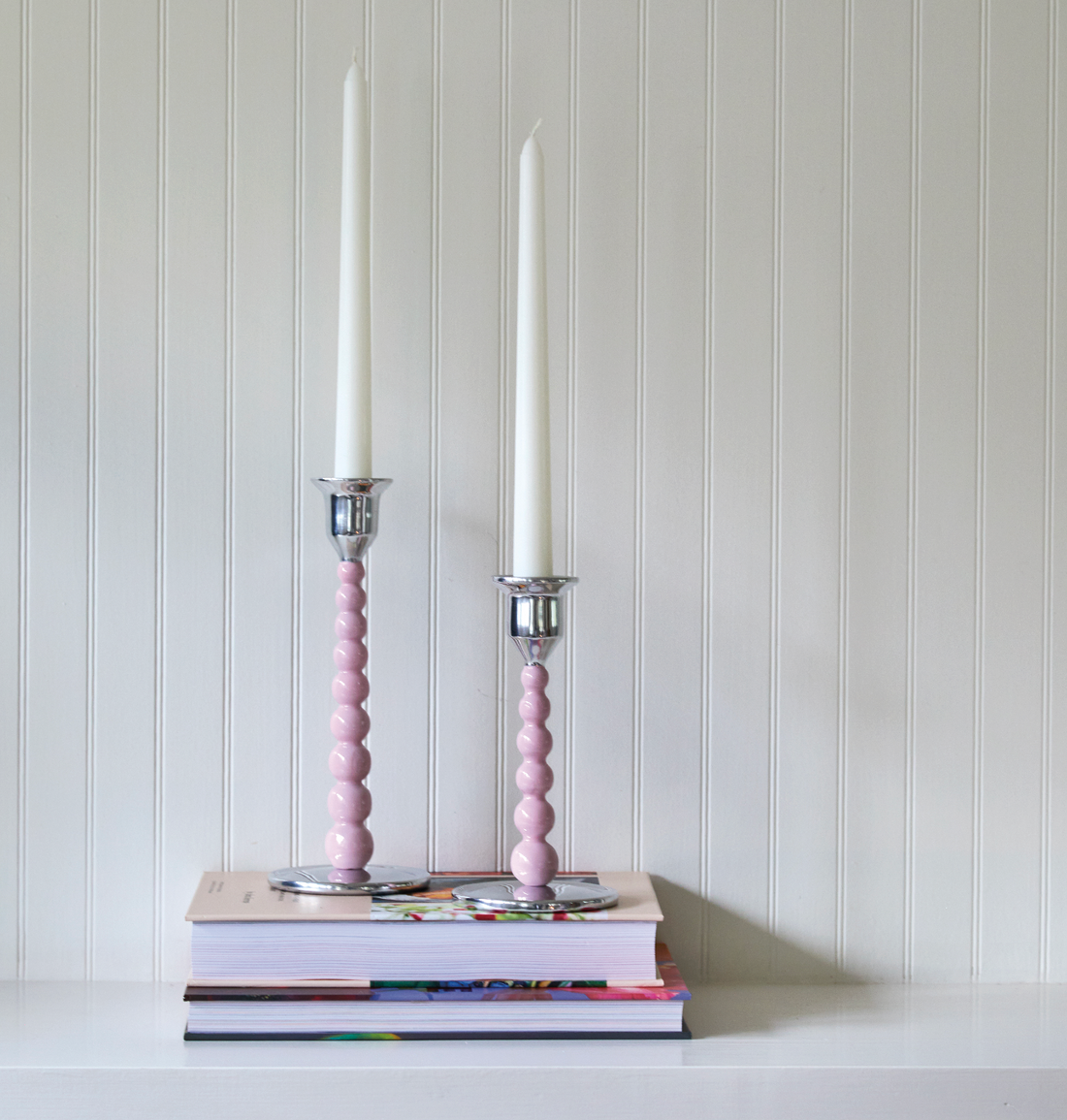 Pink Pearled Small Candlestick Set