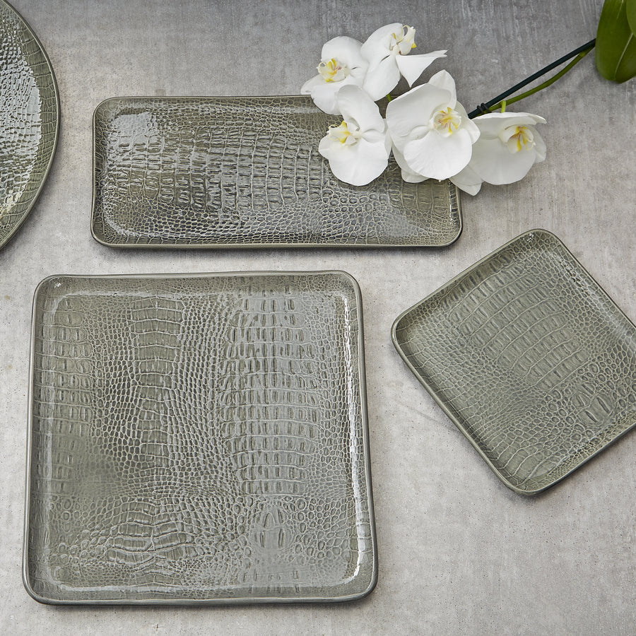 Gray Crocodile Ceramic Round Platter-Platters-|-Mariposa