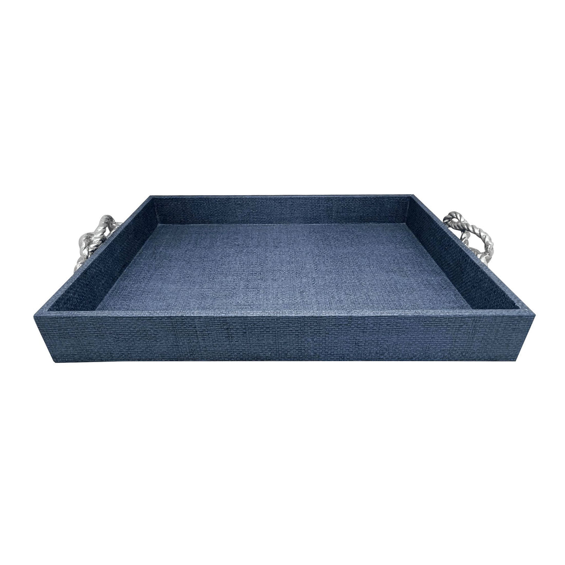 Indigo Faux Grasscloth Tray with Rope Metal Handles