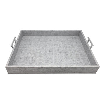 Pale Gray Faux Grass Cloth Tray with Metal Handles